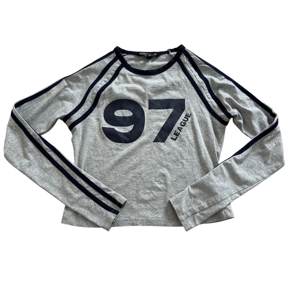 Honey Peach Heather Gray 97 League Graphic Long Sleeve Striped Tee